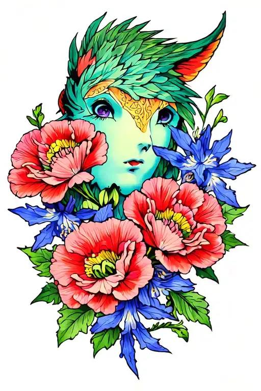 triton with carnation and larkspur flowers tattoo design idea