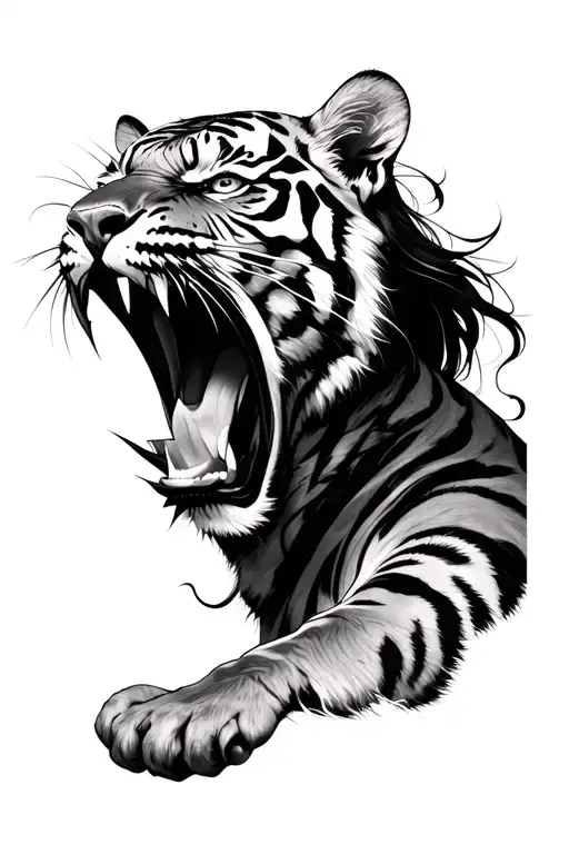 A woman’s face with a tiger roaring out of her head  tattoo design idea