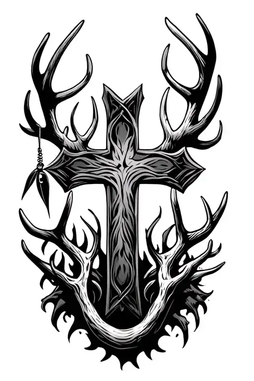 cross, antlers, fishing hook tattoo design idea