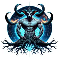 sexy gay male horned satyr with massive bodybuilder muscles flex. cyber tree roots, wild animals and constellations tattoo design idea
