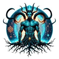 sexy gay male horned satyr with massive bodybuilder muscles flex. cyber tree roots, wild animals and constellations tattoo design idea