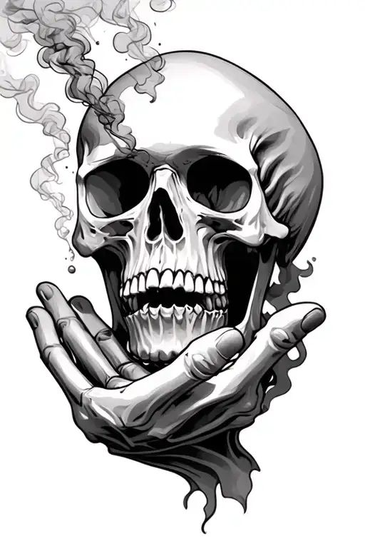 Human skeleton head coming out smoke from the mouth for the hand tattoo design idea