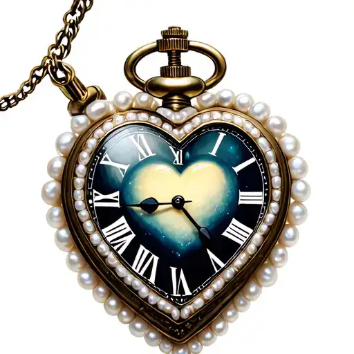 A heart-shaped pocket watch with a white pearl border, pointing to midnight. tattoo design idea