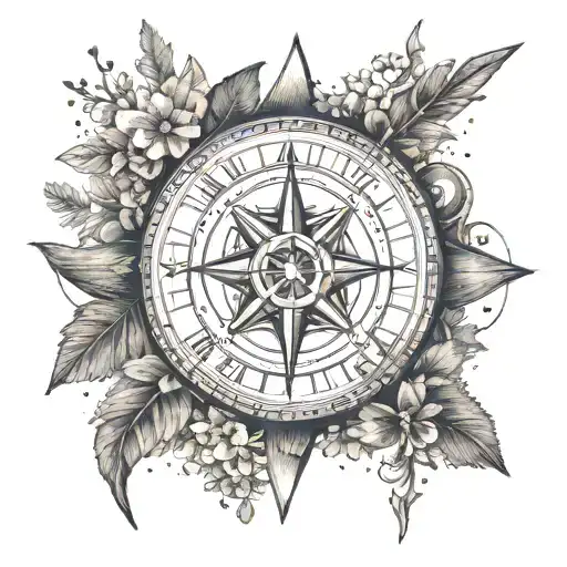 A compass rose with arrows pointing in opposite directions, representing the Capricorn and Sagittarius zodiac signs, surrounded by Texas wildflowers tattoo design idea