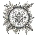 A compass rose with arrows pointing in opposite directions, representing the Capricorn and Sagittarius zodiac signs, surrounded by Texas wildflowers tattoo design idea