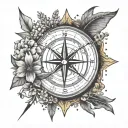 A compass rose with arrows pointing in opposite directions, representing the Capricorn and Sagittarius zodiac signs, surrounded by Texas wildflowers tattoo design idea