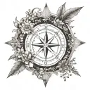 A compass rose with arrows pointing in opposite directions, representing the Capricorn and Sagittarius zodiac signs, surrounded by Texas wildflowers tattoo design idea
