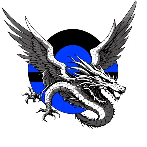Create a tattoo, with a combination of the Japanese dragon,A tattered thin blue line flag, and the guardian angel tattoo design idea