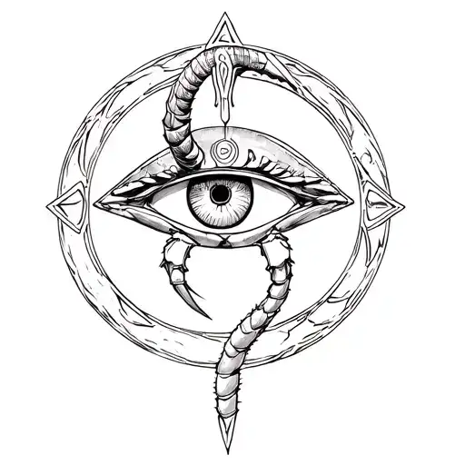 The eye of Ra in a circle, with a crab claw, a capricorn horn, and a scorpion tail around the ring tattoo design idea