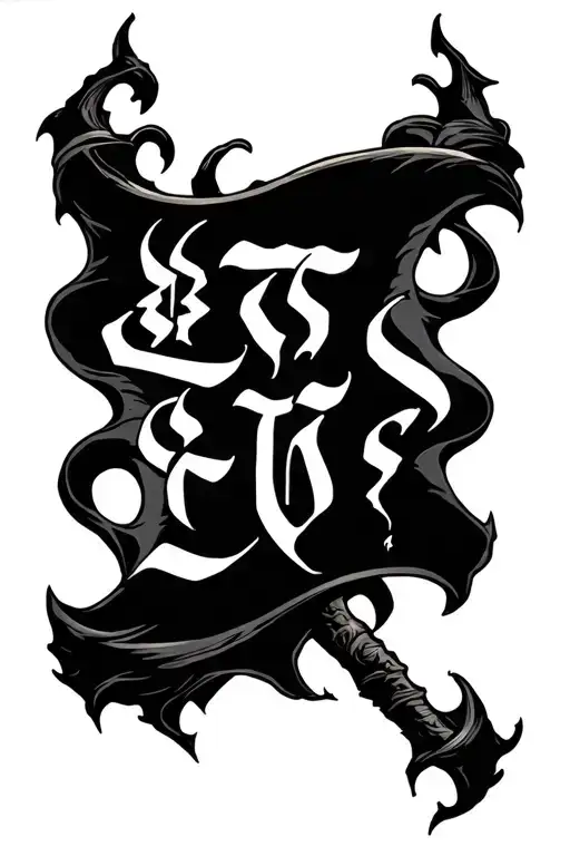 black and white demonic scroll with demon language written tattoo design idea
