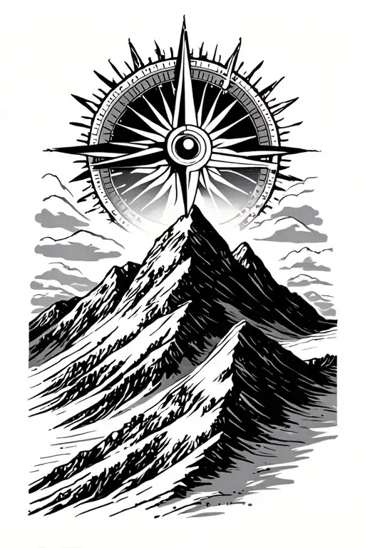mountain with ski slope and compass rose as sun tattoo design idea