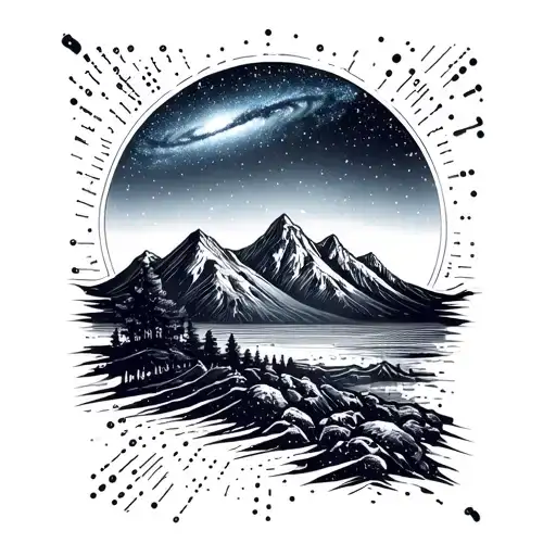 A rockabilly themed tattoo featuring a mountain landscape with a galaxy sky above, incorporating elements of Morse code and bottle digging tools tattoo design idea