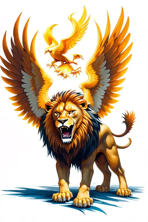 angry lion roaring with Phoenix rising wings spread tattoo design idea