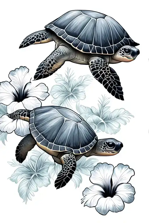 4 Hawaiian sea turtles hibiscus tattoo design idea