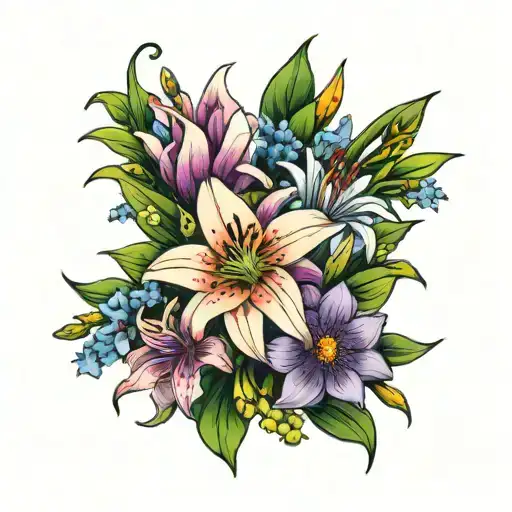 simple and colorfull bouquet of Lilies and Asters  tattoo design idea