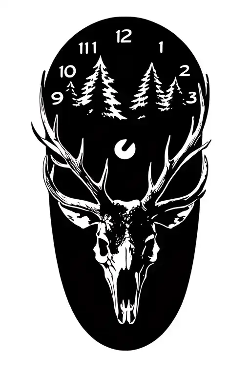 elk skull, hunting scene, clock face, pine trees tattoo design idea