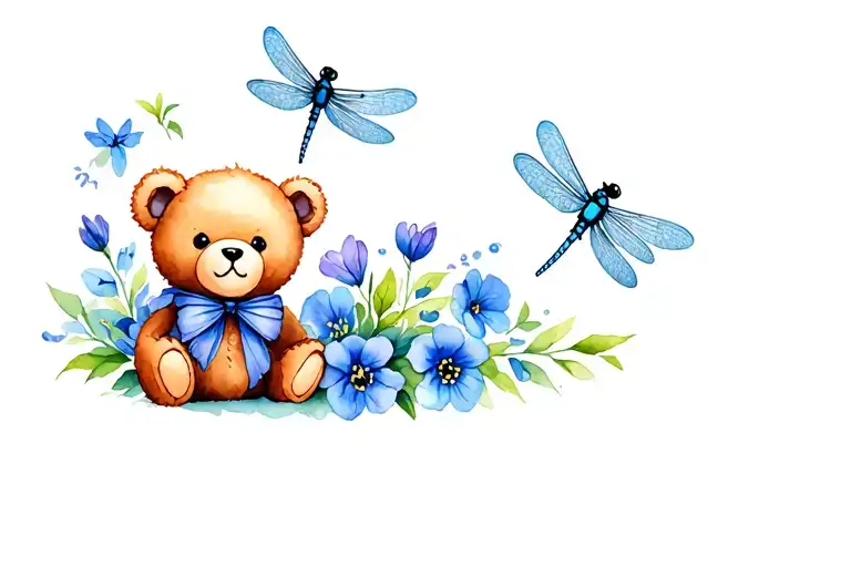 a small cartoon teddy bear surrounded by sweet pea flowers and blue dragonflies  tattoo design idea