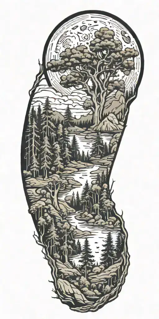 massive forest landscape with huge moon in the background  tattoo design idea