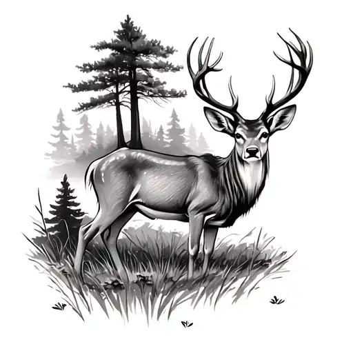 A serene forest scene with a deer peacefully grazing, embodying the tranquility of natural life tattoo design idea