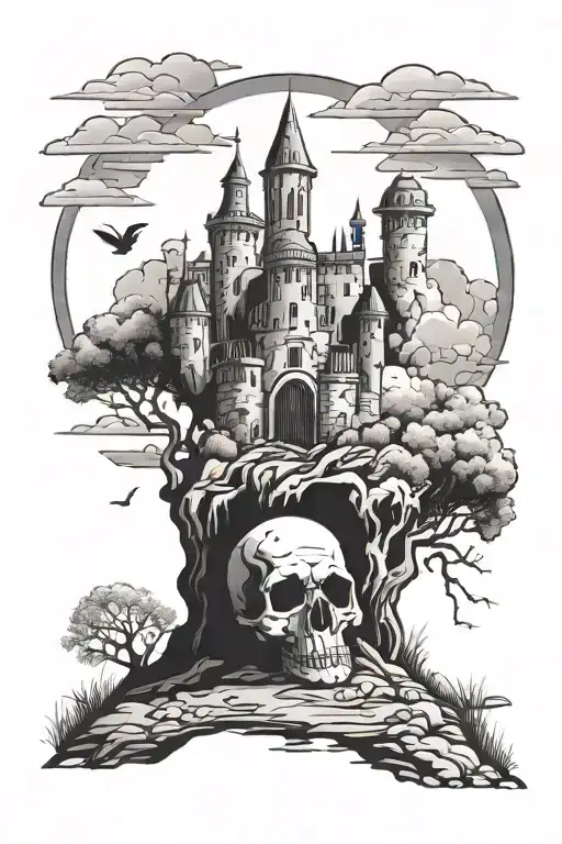 Castle with sky and grave yard tattoo design idea