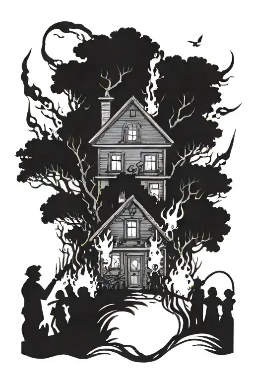 burning house surrounded by people with torches chasing monster through forest. tattoo design idea