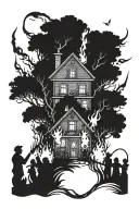 burning house surrounded by people with torches chasing monster through forest. tattoo design idea