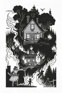 burning house surrounded by people with torches chasing monster through forest. tattoo design idea