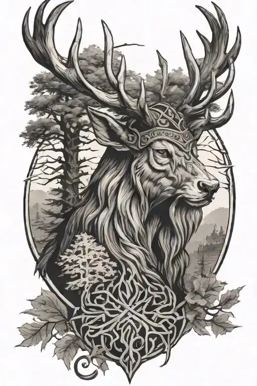 viking hunting deer head with trees tattoo design idea