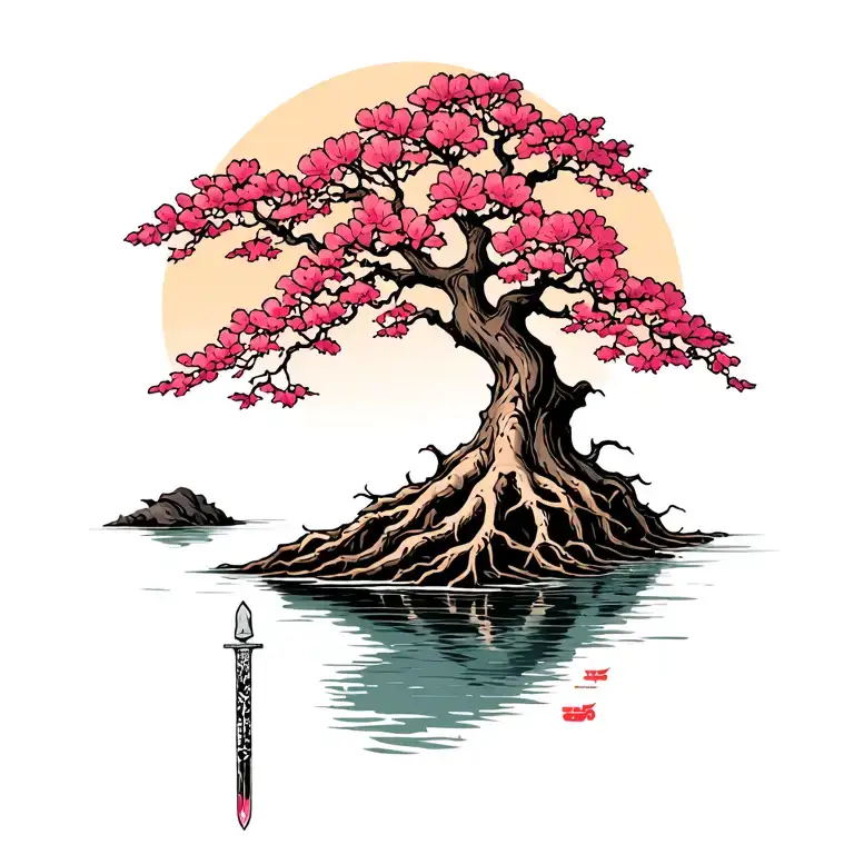 cherry blossom tree growing on river edge with roots going down stabbed into the bank of the river is a sword simplistic tattoo design idea