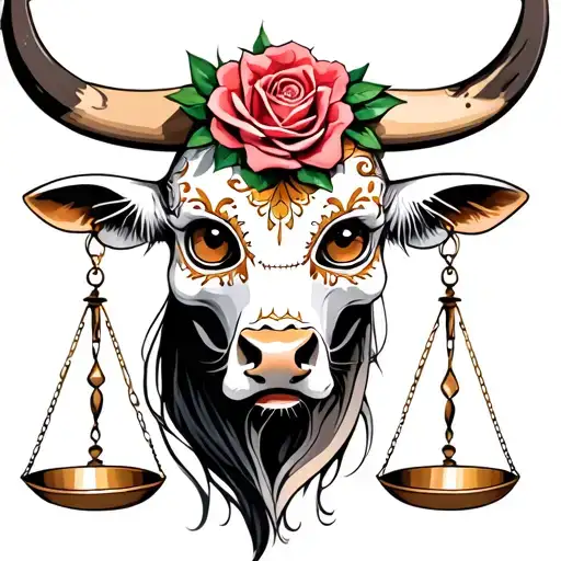 feminine bull with sugar skull markings, brown eyes and two Libra scales and dark background tattoo design idea