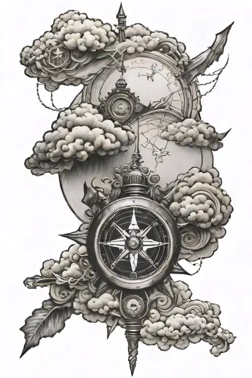 cloud, with lightning coming down to hand and a compass tattoo design idea