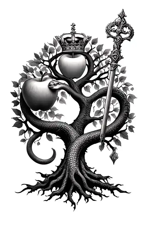 •	Shoulder/Upper Arm:	•	Tree of Life with a serpent and apple → Eve (choice, beginnings).	•	Crown and scepter intertwi tattoo design idea