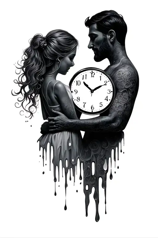 melting clock with silhouette of dad and daughter tattoo design idea