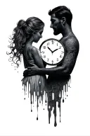 melting clock with silhouette of dad and daughter tattoo design idea