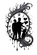 melting clock with silhouette of dad and daughter tattoo design idea