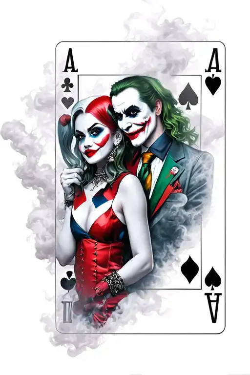 A smoke-filled background with Harley Quinn and Joker playing cards tattoo design idea