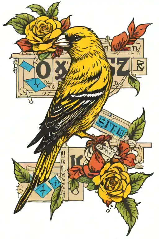yellow finch holding crossword puzzle tattoo design idea