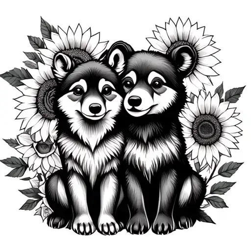  cute baby wolf and bear sitting with sunflowers and roses. black tattoo design idea