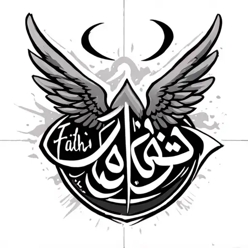 Arabic calligraphy style tattoo with spread wings in middle and "faith" embedded in arabic tattoo design idea