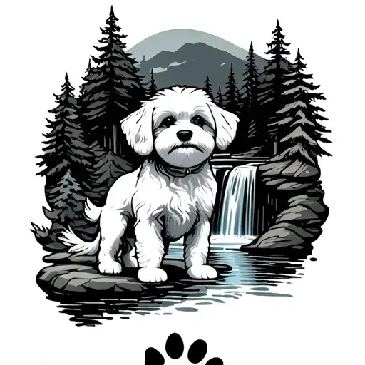 shitzu bichon standing in a forest with a waterfall with a paw print outline tattoo design idea