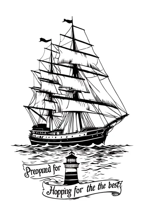 Three-masted ship with text in scroll 'prepared for the worst' and lighthouse with text in scroll 'hoping for the best' tattoo design idea