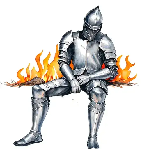 Tired knight in metal uniform and helmet resting by the wood fire tattoo design idea
