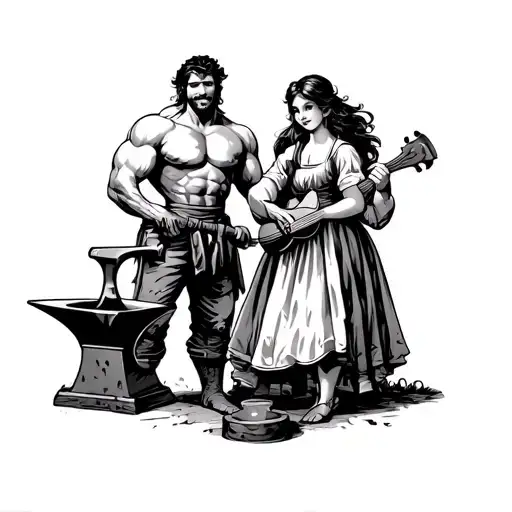 blacksmith muscular men with anvil and hammer and a lovely girl near with musical instrument  tattoo design idea