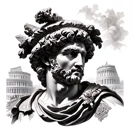 half chest tattoo of Julius Caesar and the coliseum  tattoo design idea