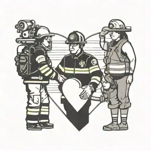 Illustrate a firefighter holding hands with his daughter and wife in a heart-shaped design but make it hardcore tattoo design idea