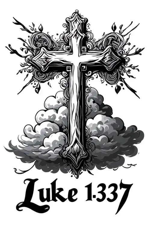 cross with cloud background surrounded by text saying Luke 1:37 tattoo design idea