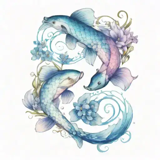 yin Yang koi fish forget me nots purple and blue tattoo design idea
