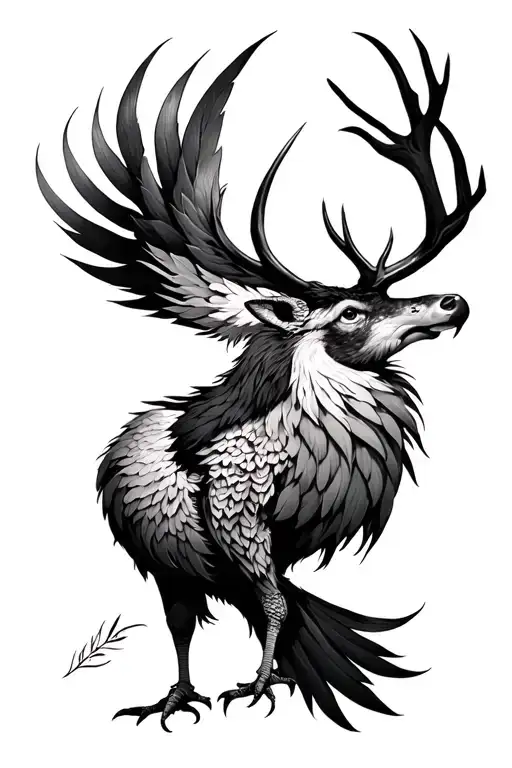 pheonix and deer head tattoo design idea