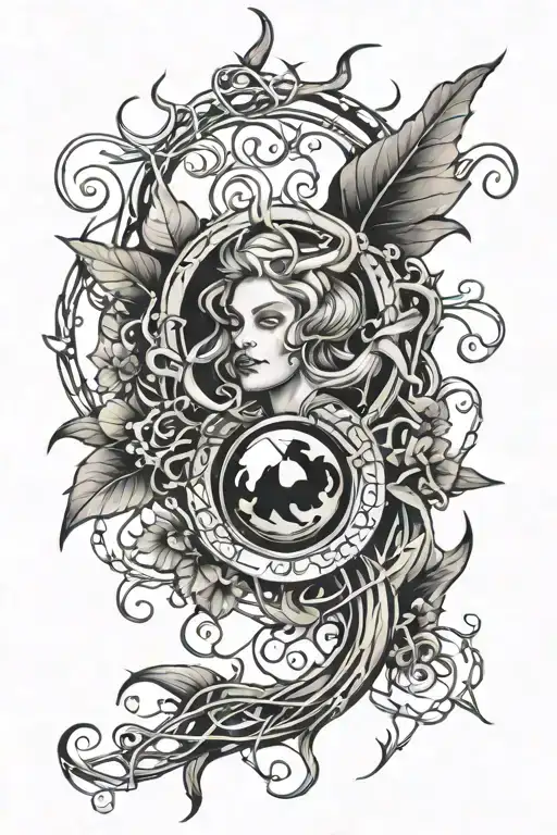 Dark witchy tattoo with vines twisting and small magic elements and a gemstone  tattoo design idea