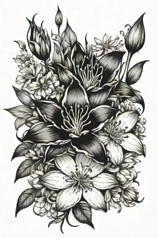 bouquet water lily gladiolus aster and cosmos flowers tattoo design idea
